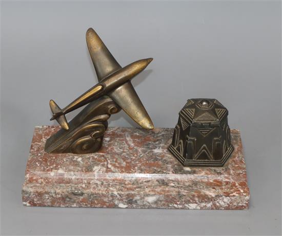 A novelty patinated spelter aeroplane inkstand